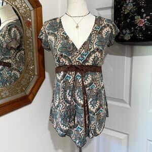 VTG Y2K Julie's Closet Dark Brown & Blue Paisley V Neck Layered Fairy Top S